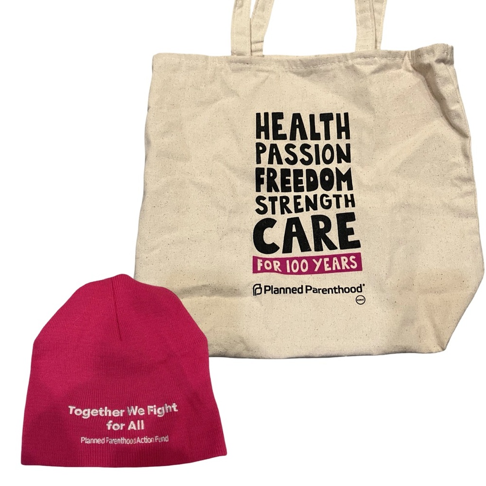 Planned Parenthood Bundle Of 2 Beanie Hat Pink & Reusable Canvas Tote 100 Years